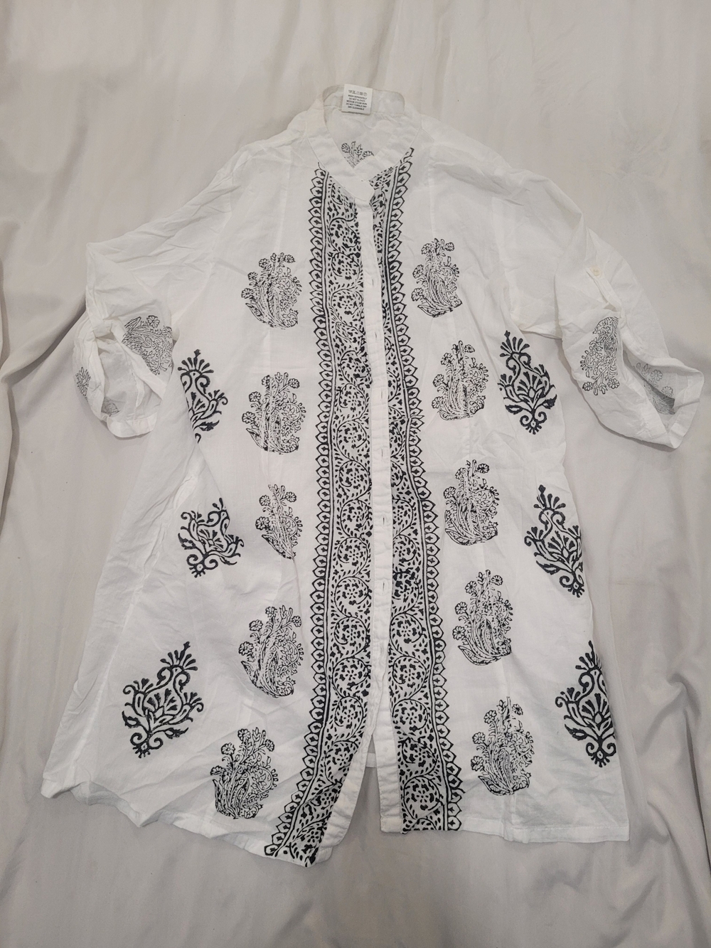 White Button-Front Tunic with Black Block Print